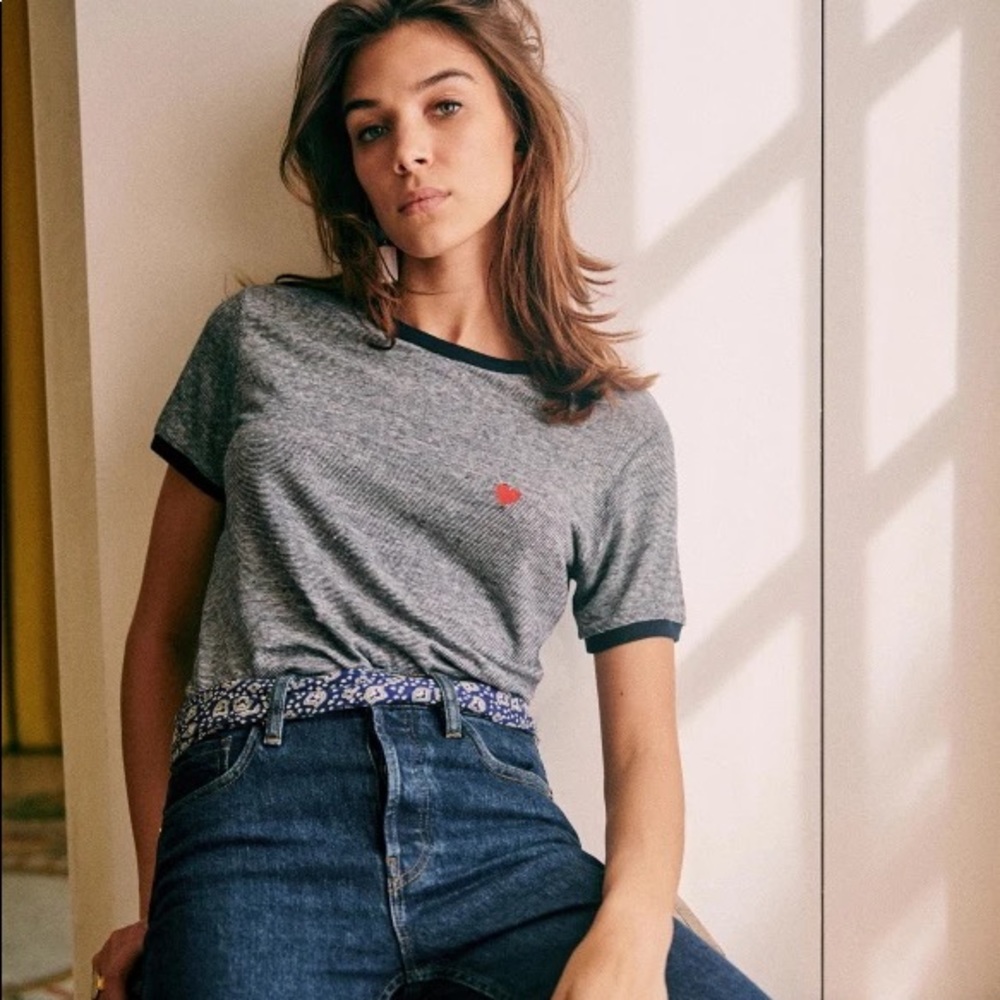 Sezane Valentin Embroidered Heart Striped T-Shirt - Medium